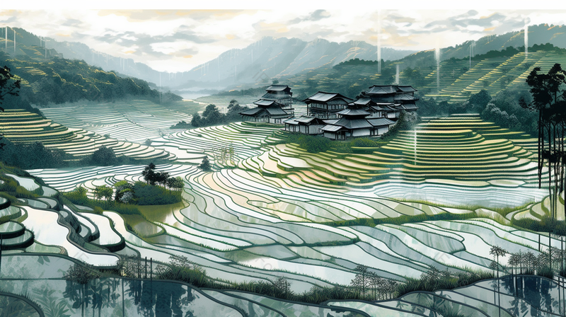 阳光照射下的宁静绿色乡村房屋和梯田插画,插画/手绘图,插画/手绘图库,插画/手绘图下载,插画/手绘